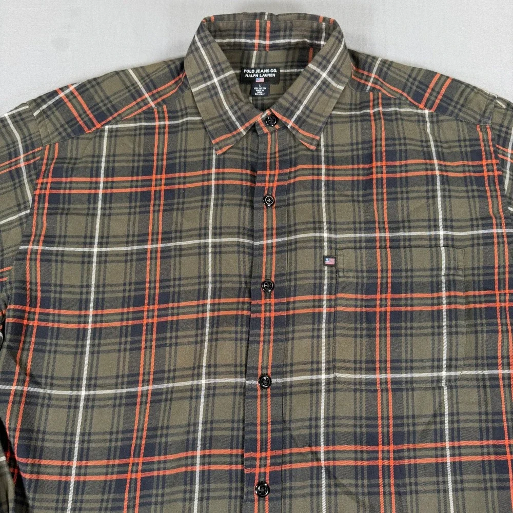 Polo Jeans Co Ralph Lauren Men's Large Plaid Flannel Shirt Green Orange Vintage